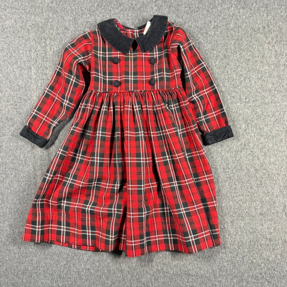 Kelly's Kids Girls Red Plaid Holiday Dress Black Corduroy Collar Vintage 4R USA